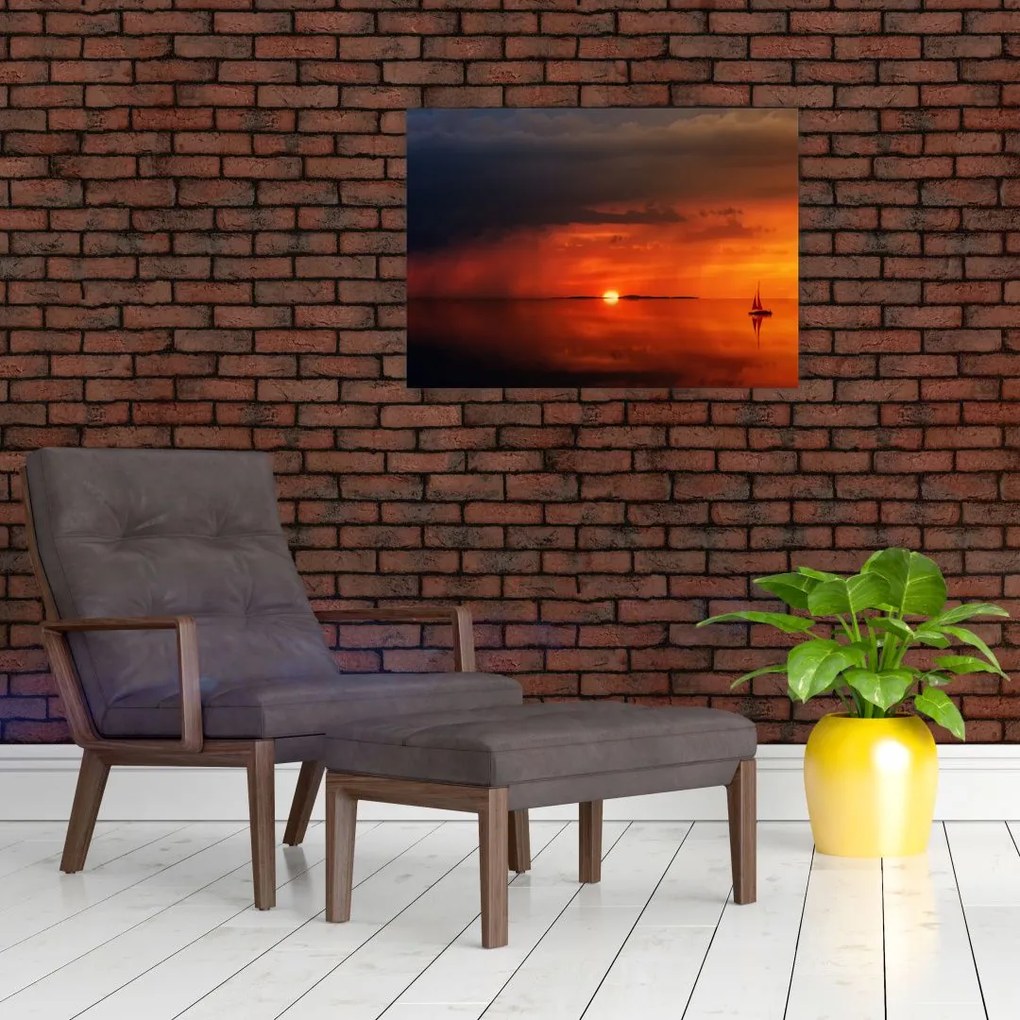 Obraz na szkle - zachód słońca z żaglówką (70x50 cm)
