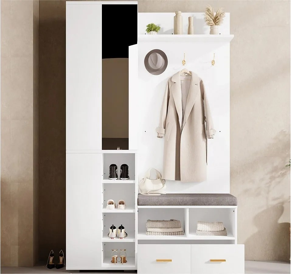 Zestaw szafy na ubrania 120x35x190cm - z 2 szufladami i przegródkami do przechowywania - z lustrem i ławką na buty - Biały