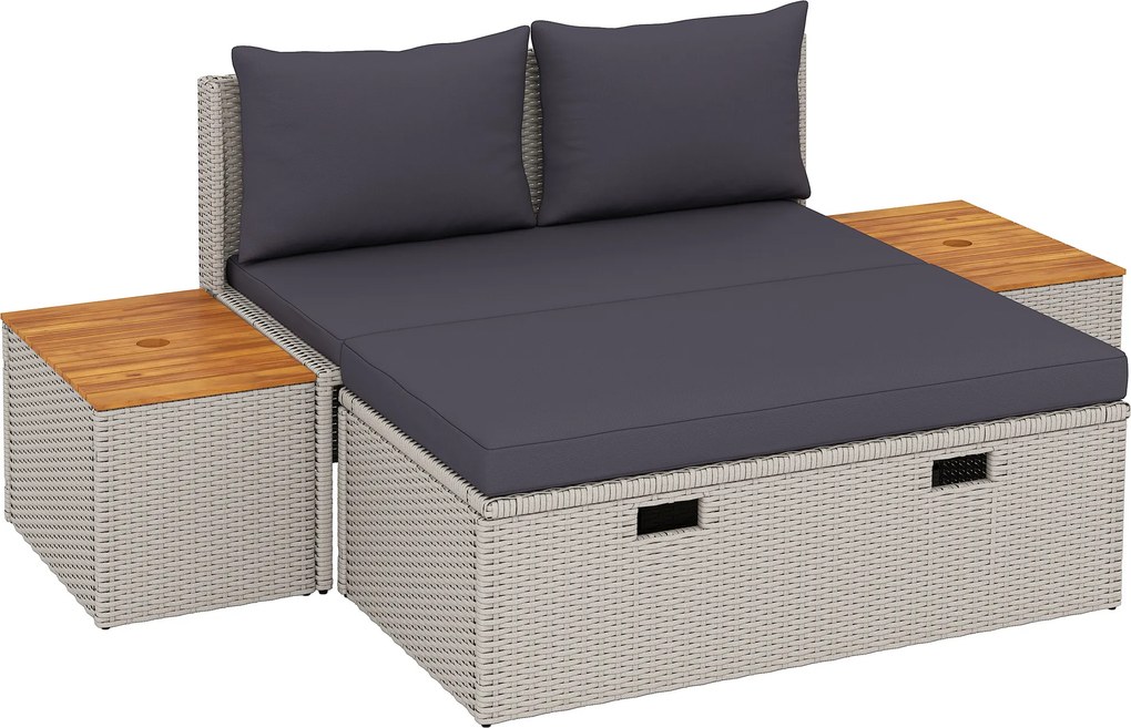 Outsunny Leżak Ogrodowy z Polirattanu dla 2 Osób z Podnóżkiem i Przestrzenią Do Przechowywania, Poduszki 125x114x72,5 cm, Szary