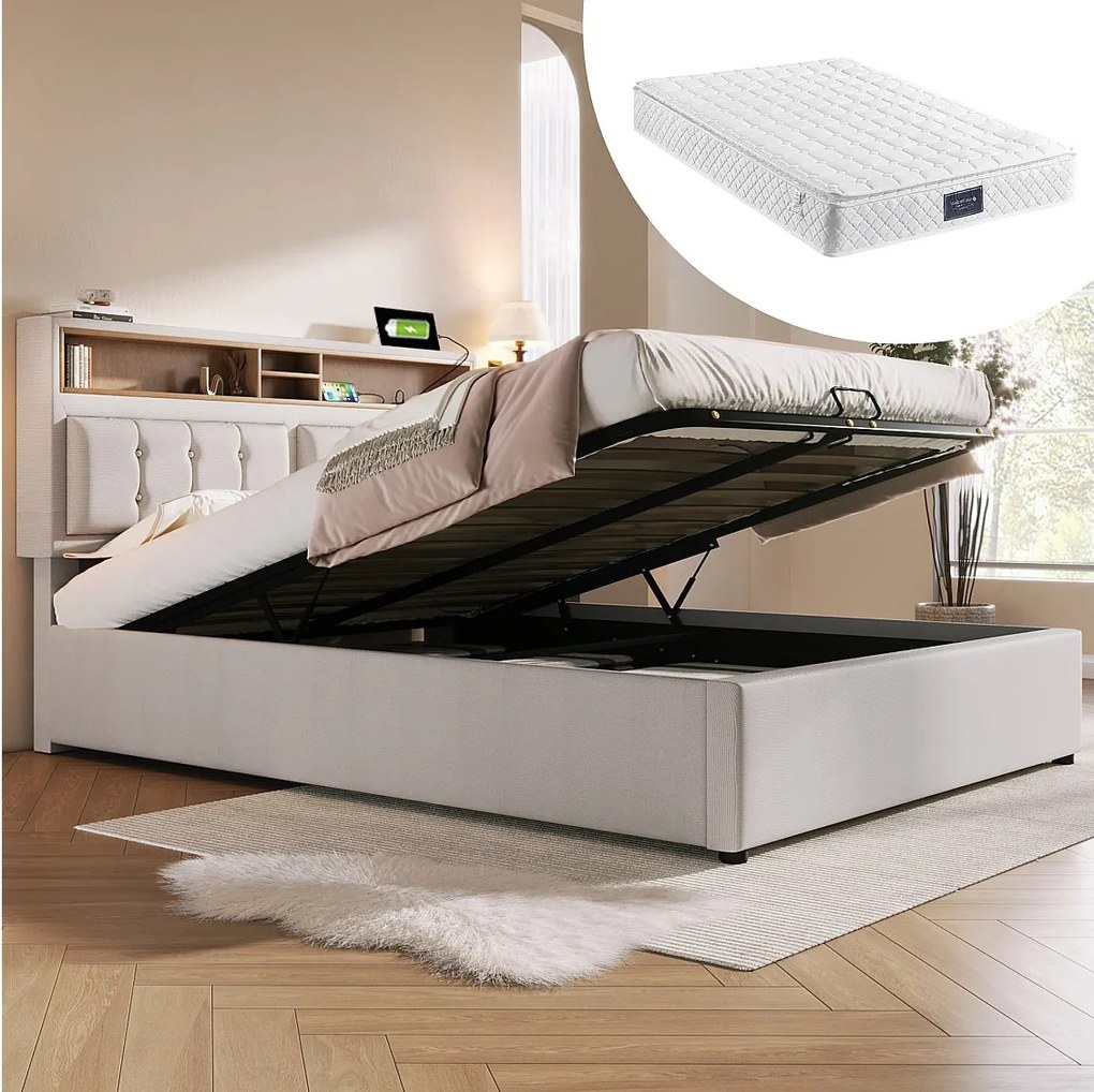 Łóżko tapicerowane z pojemnikiem na pościel - 160 x 200 cm - Materac + Zagłówek z USB - Tkanina lniana - Beżowy