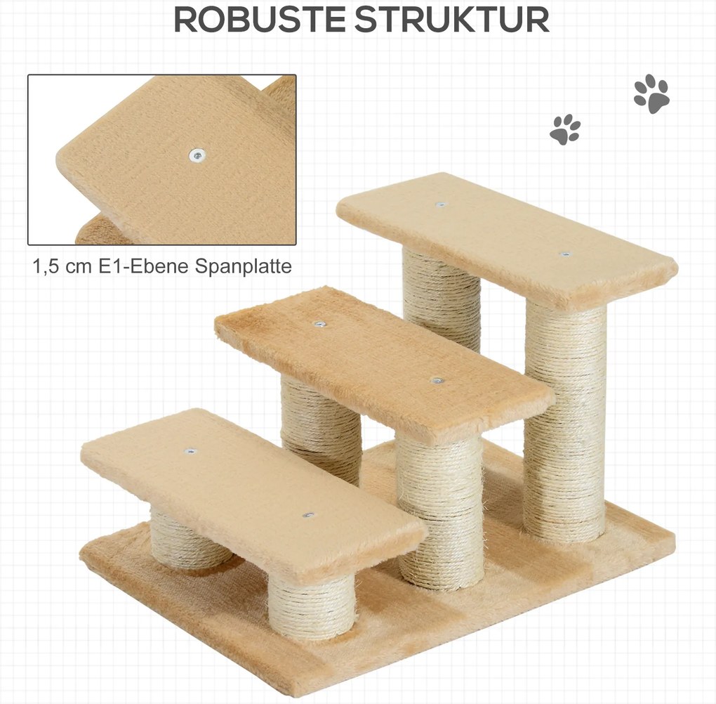 PawHut drapak schodki dla kota i psa 3 stopnie stabilne schody dla zwierząt domowych beżowe 45x35x34cm | Aosom PL