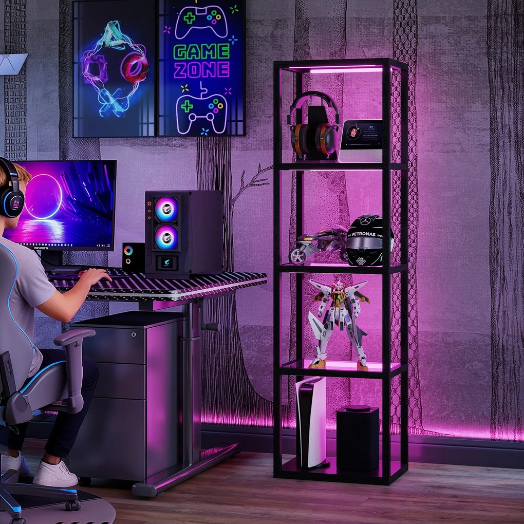 HOMCOM RGB lampa stojąca z szklanymi półkami, 4-poziomowa lampa LED z pilotem, synchronizacja muzyki, czarna