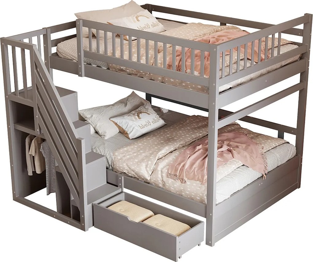 Łóżko piętrowe dla dzieci - 2 x 140 x 200 cm - z 1 szufladą + schowkiem schodowym - drewno + płyta MDF - szare