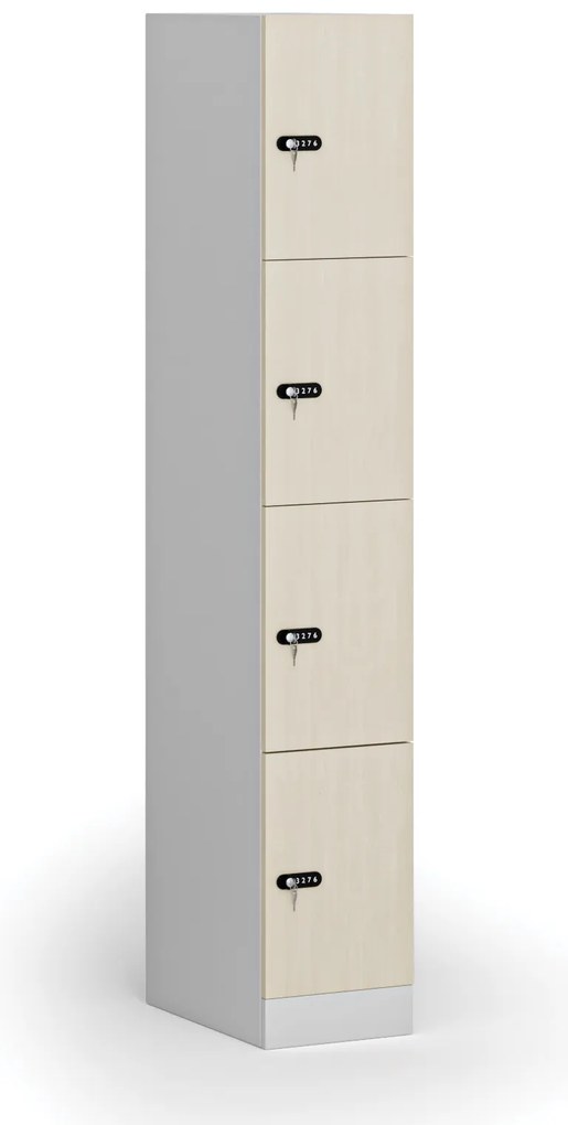 Szafka skrytkowa, 4 schowki, 1850 x 300 x 500 mm, demontaż, zamek mechaniczny z kodem, drzwi laminowane, brzoza