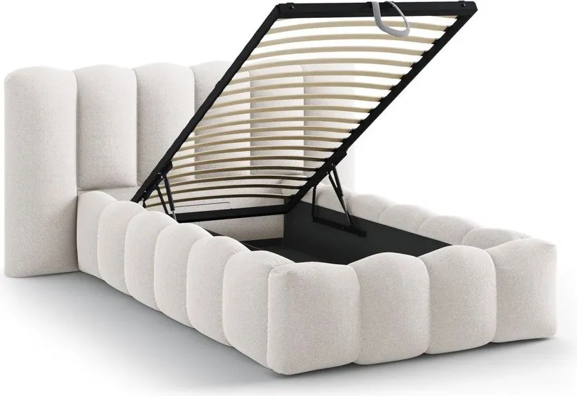 Kremowe tapicerowane łóżko jednoosobowe ze schowkiem i stelażem 90x200 cm Lupine – Micadoni