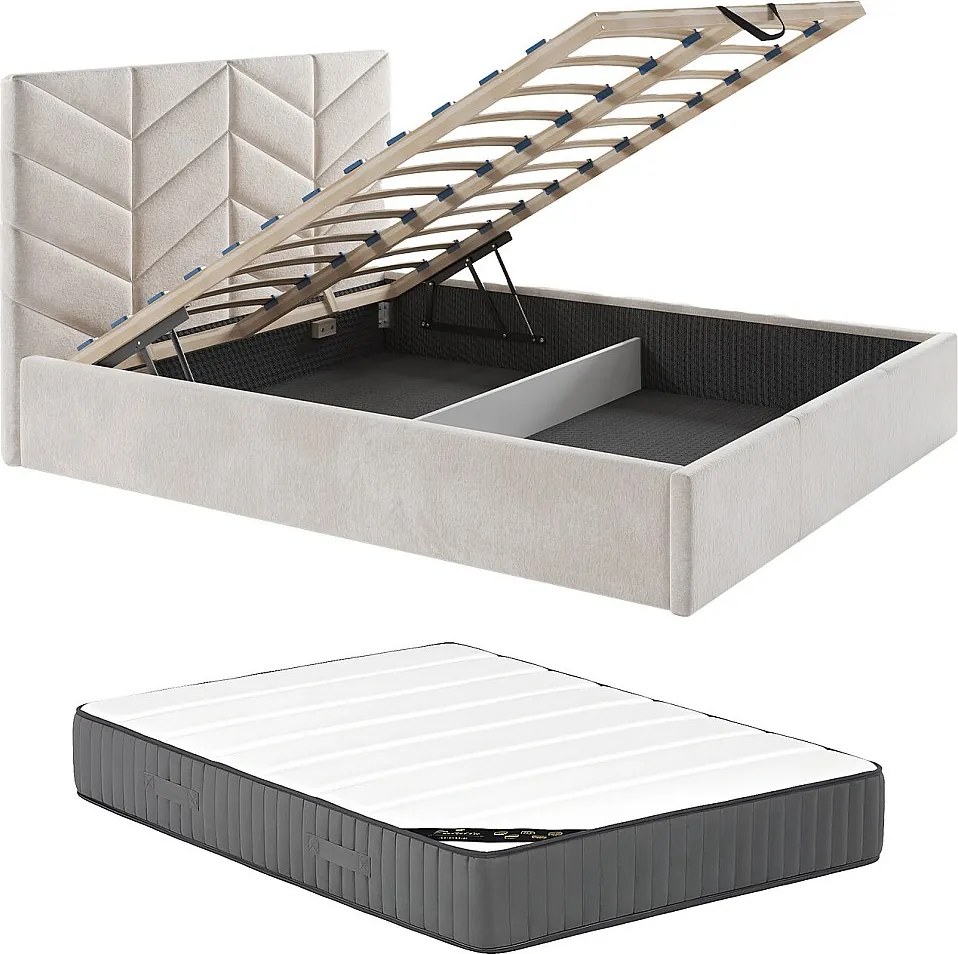 Łóżko ze skrzynią 200 x 200 cm - Tkanina teksturowana - Kremowy + Materac - JUSTANI