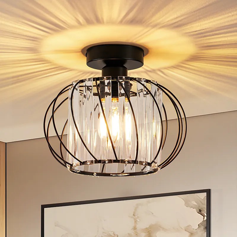 NETTLIFE Nowoczesna kryształowa lampa sufitowa: czarna lampa do przedpokoju E27, lampa kuchenna w stylu vintage z metalową ramą wewnątrz