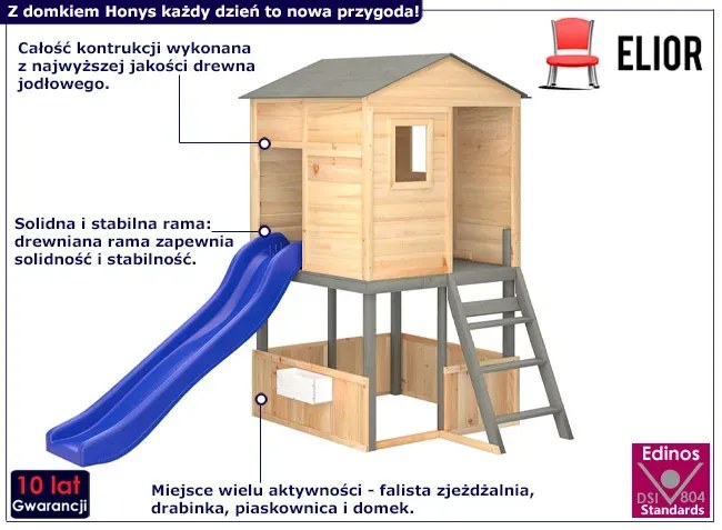 Szary domek ogrodowy dla dzieci ze zjeżdżalnią - Honys