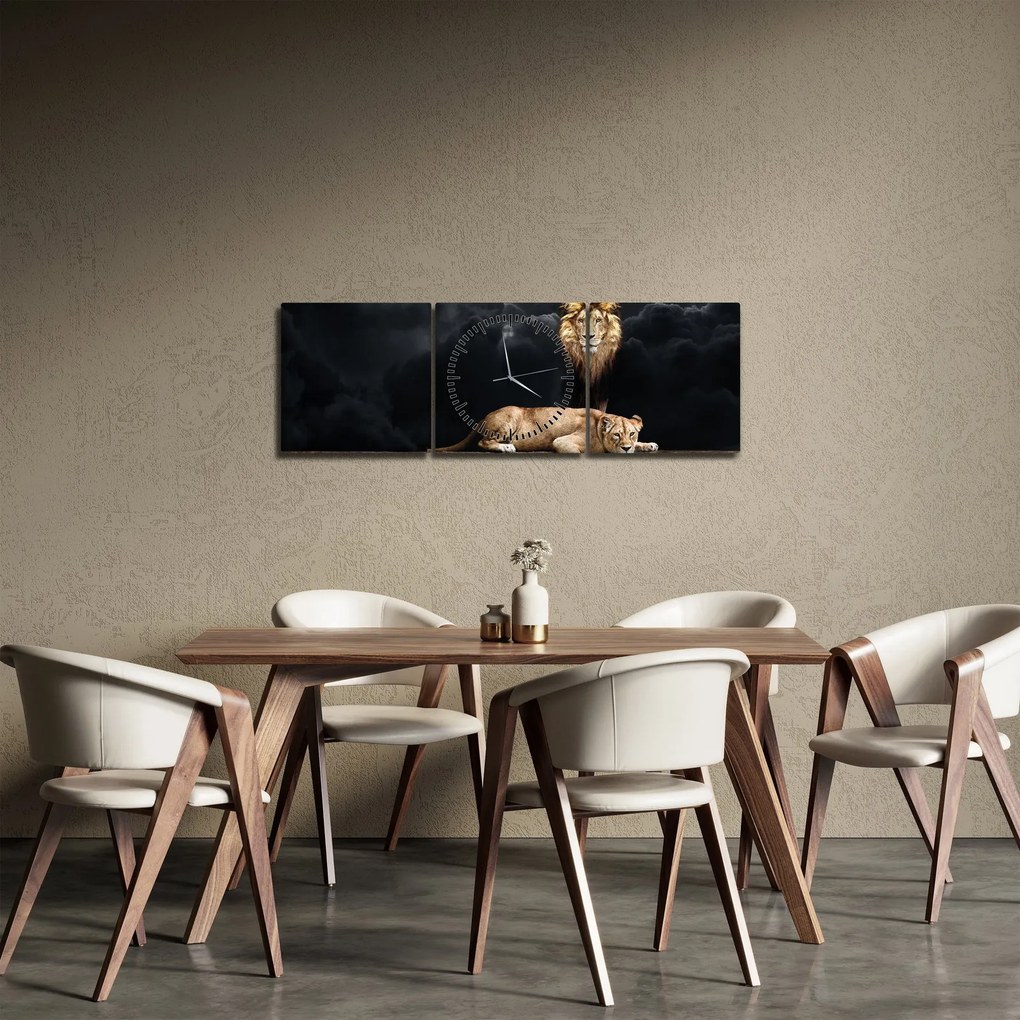 Obraz - Lew i lwica w chmurach (z zegarem) (90x30 cm)
