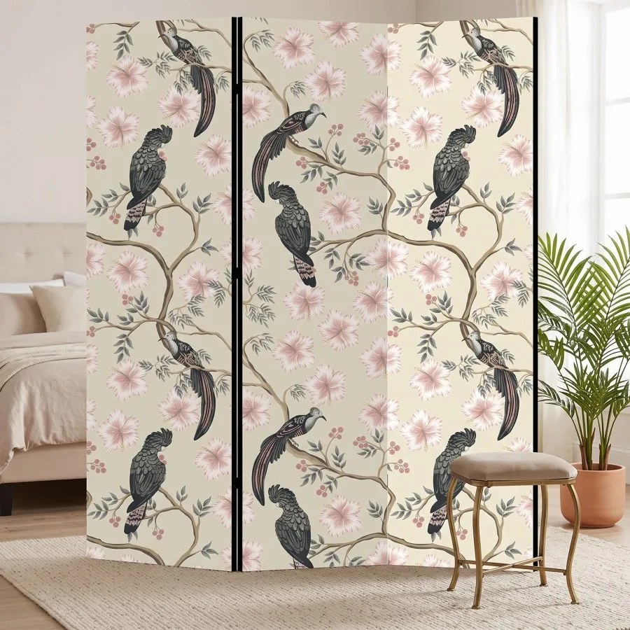 Parawan pokojowy 3-częściowy 135x172 Dwustronny dekoracyjny chinoiserie vintage Kremowy Tukany W Hibiskusach