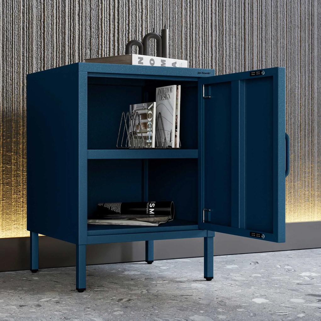 Szafka nocna metalowa na nóżkach granatowa, 424x595x400 mm: MIA Modern