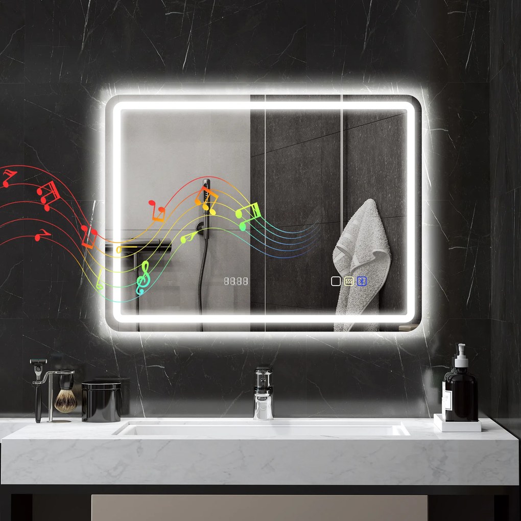 HOMCOM Lustro łazienkowe z podświetleniem LED, mata przeciwmgielna, 3 regulowane kolory, zegar, 600 x 800 mm, kolor srebrny | Aosom PL