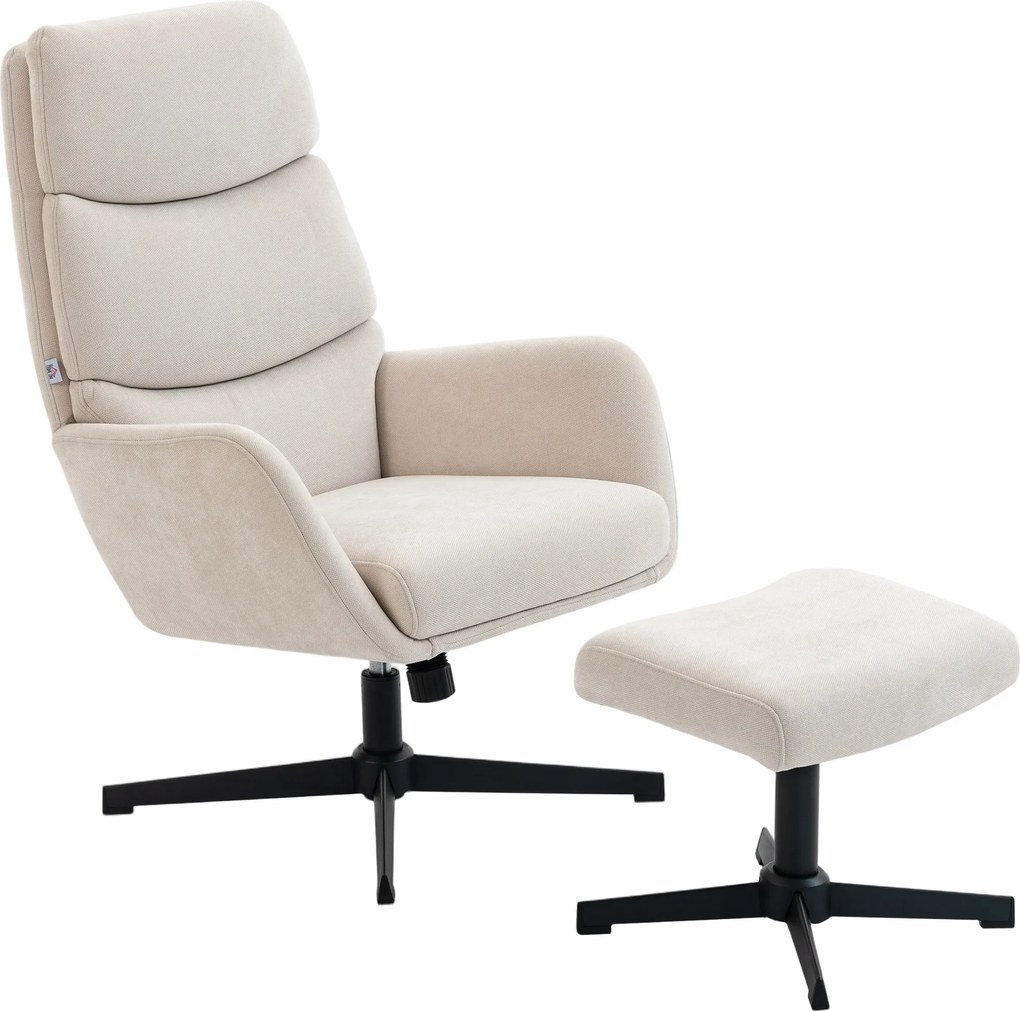 HOMCOM Tapicerowany fotel z podnóżkiem, fotel lounge z wysokim oparciem, metalowa podstawa, do salonu, sypialni, Beżowy | Aosom PL