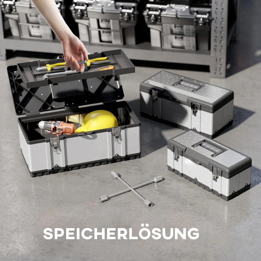 HOMCOM 3-częściowy zestaw skrzynek narzędziowych, Stal nierdzewna, Plastik, Srebrny