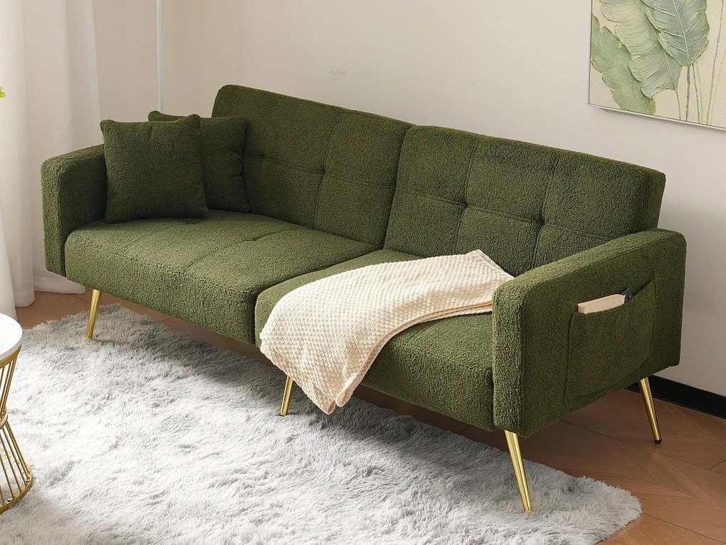Rozkładana kanapa z regulowanym oparciem - 2 miejsca - tkanina boucle - Zielona