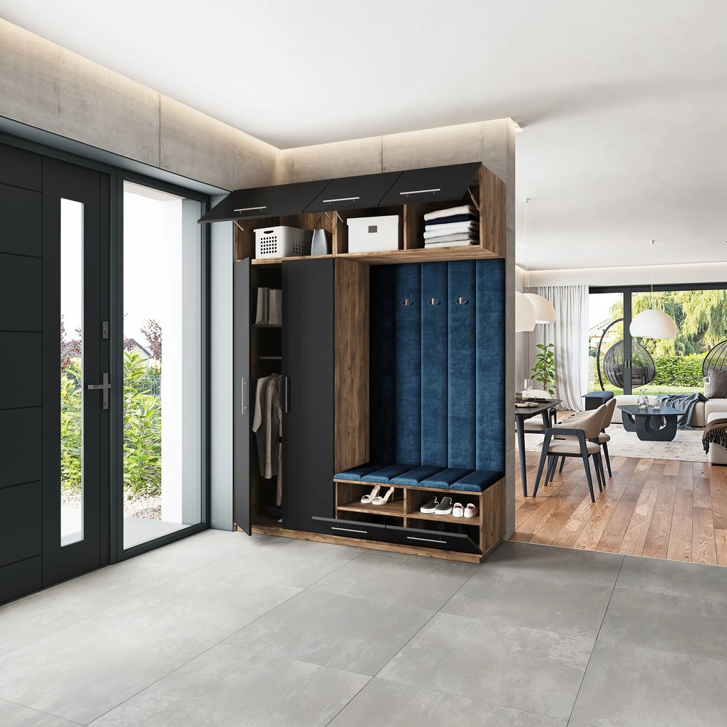 Masseno Garderoba REMA 180/240/60 cm Nowoczesna Szafa do Przedpokoju Dąb lefkas, MONOLITH 77 (Niebieski)