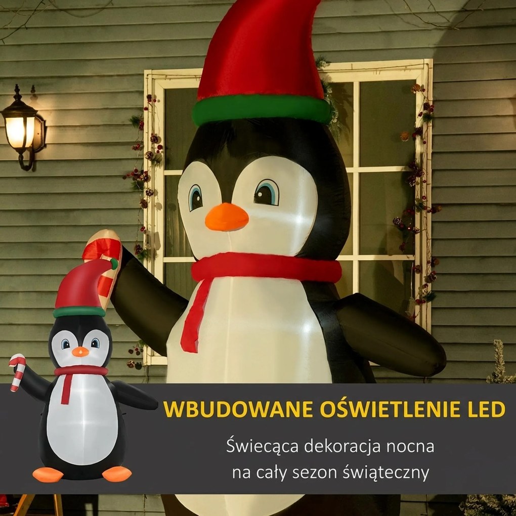 HOMCOM Nadmuchiwana dekoracja świąteczna, 2,5 m nadmuchiwany pingwin z 3 diodami LED, 162 x 100 x 250 cm, Wielokolorowy | Aosom PL