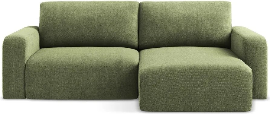 Zielony rozkładany narożnik ze schowkiem z tkaniny szenilowej (prawostronny/z szezlongiem) Kona – Makamii