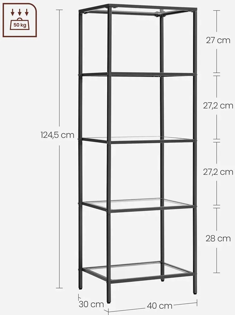 Czarny metalowy szklany regał z 5 półkami w stylu loft - Linas 3X