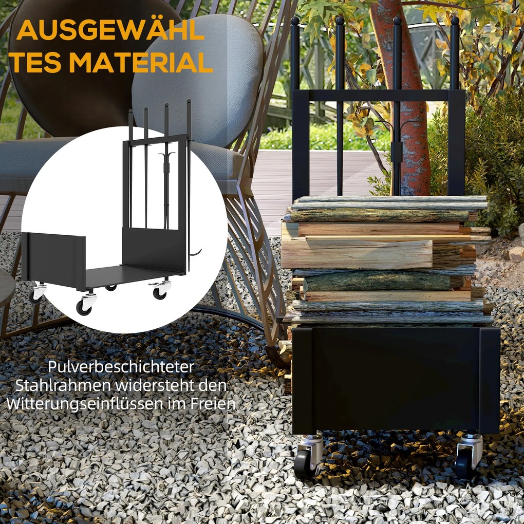 Outsunny Regał na drewno kominkowe z kołami, bogate wyposażenie, metalowa rama, udźwig do 60 kg, 48 x 30 x 76 cm, czarny