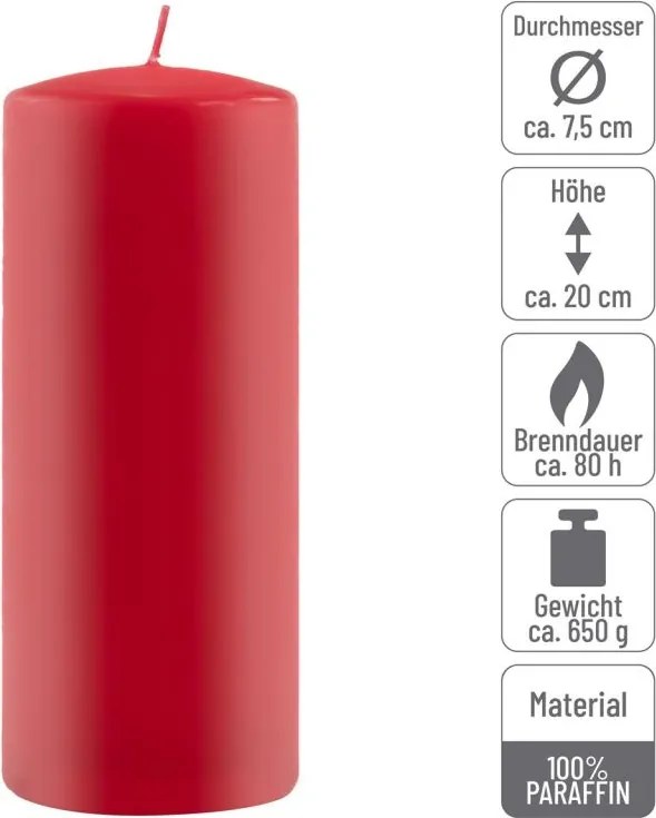 Zestaw świec słupkowych, 20 cm, Ø 7,5 cm, czerwony, 6 sztuk.