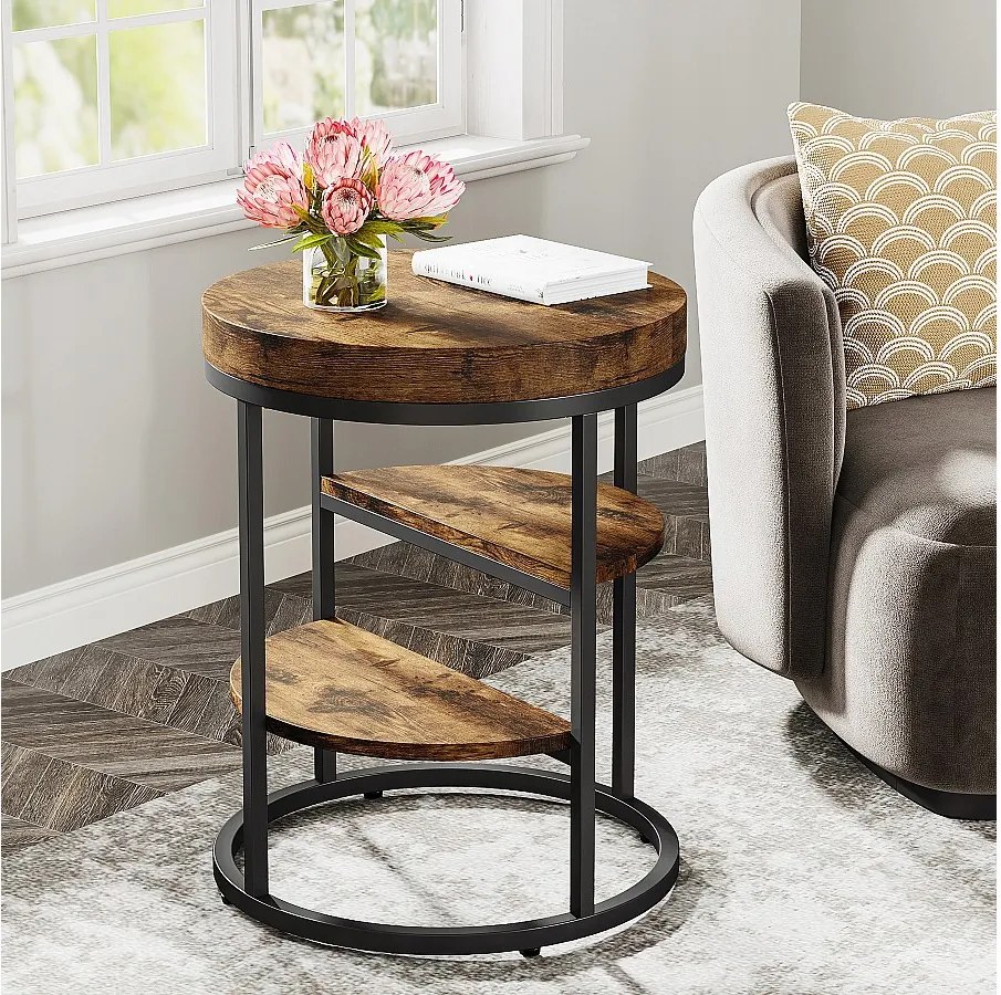 Okrągły stolik boczny, mały stolik boczny z 3 półkami, industrialny stolik boczny, stolik nocny do salonu
