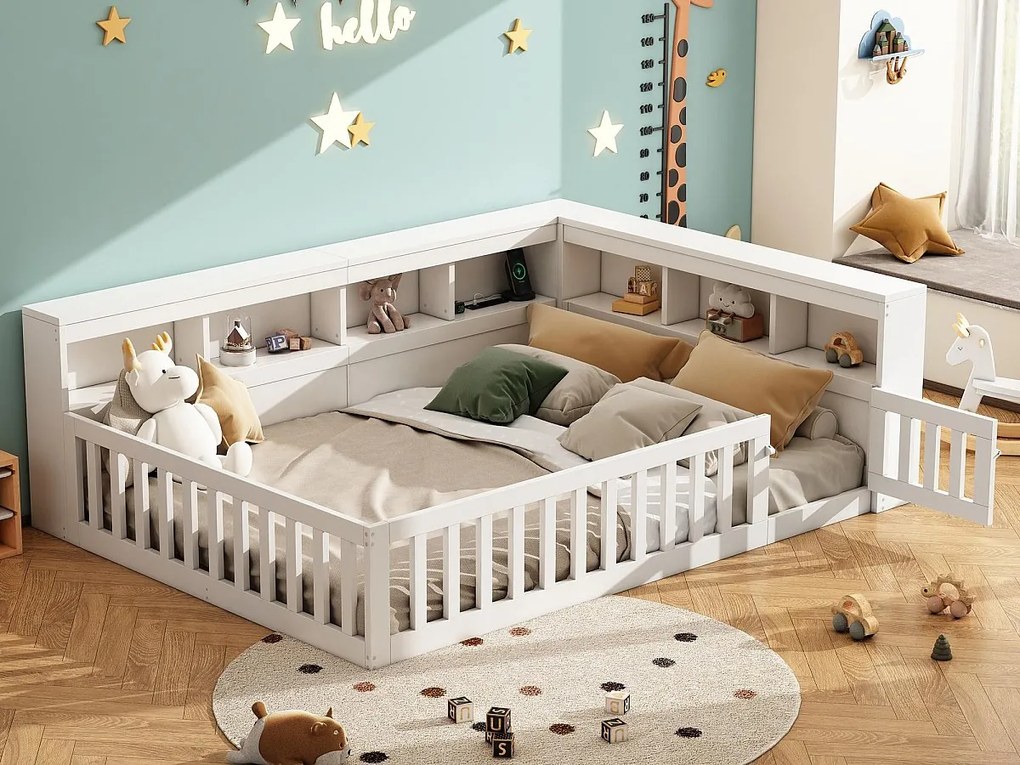 Łóżko dziecięce 140x200 cm - Wezgłowie z miejscem do przechowywania - Stelaż listwowy - z gniazdkiem i portem USB - biały