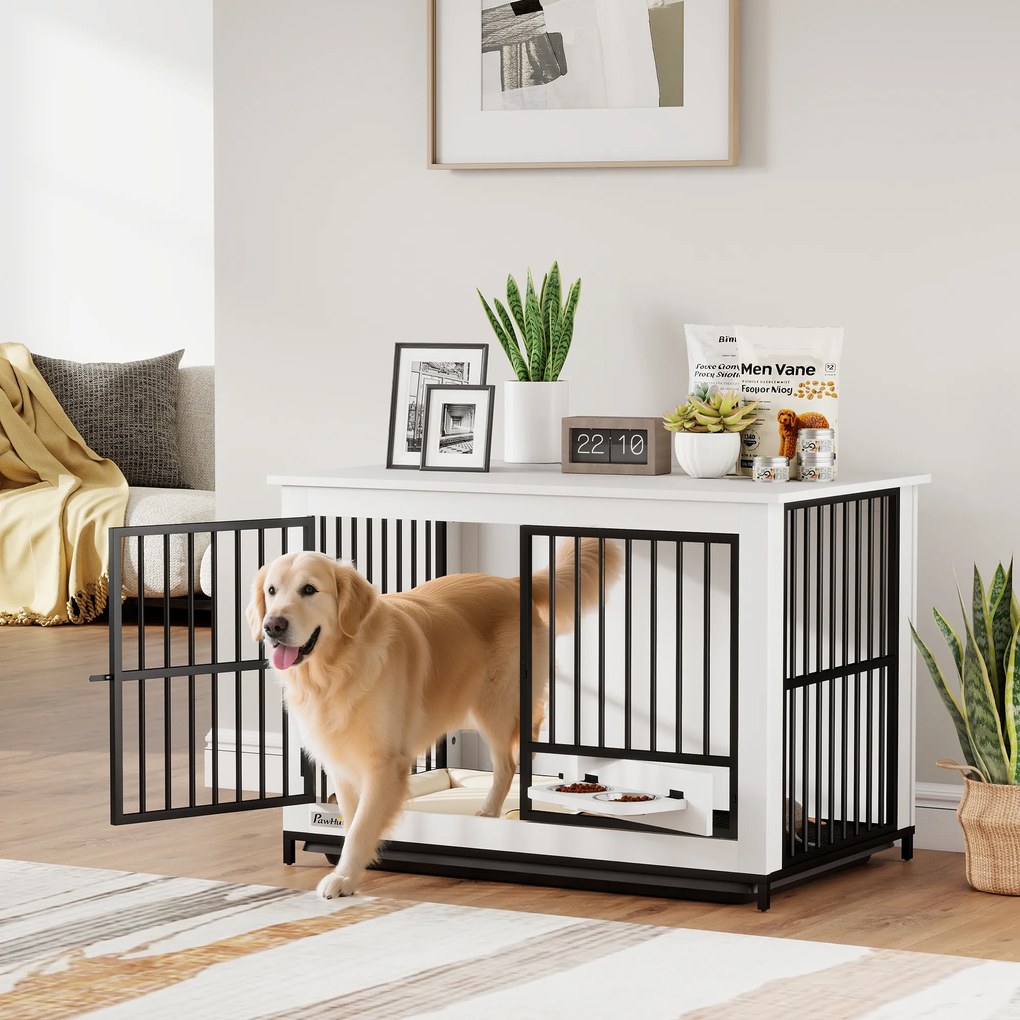 PawHut Duża klatka dla psa, łatwy dostęp, zamykana, obrotowy uchwyt na miski, dla małych i dużych psów, Biała