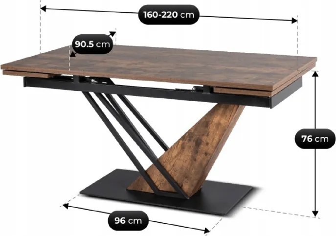 Stół Rozkładany Prostokątny REX 160-220 cm Dąb Rustykalny/Czarny do Jadalni Nowoczesny Loft