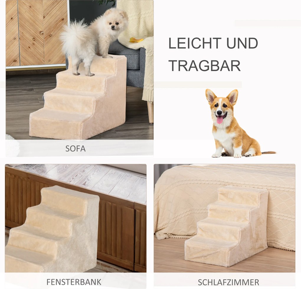 PawHut Schodki dla zwierząt 4-stopniowe z pluszową pokrywą, schodki dla psa/kota, płyta wiórowa, beżowe, 60x35x44cm | Aosom PL