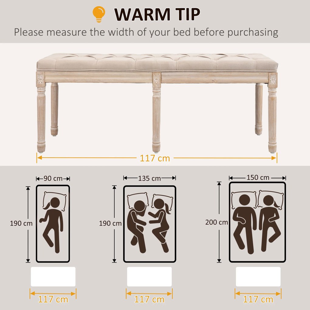 HOMCOM Pufa Tapicerowana Vintage 117x40x48cm Beżowa z Guzikami Wykończenie Lniane Wytrzymała do 120kg do Sypialni | Aosom PL