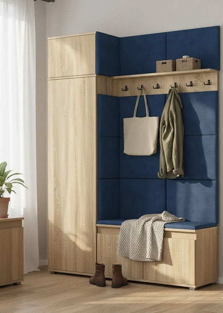 Szafa z siedziskiem tapicerowanym dąb sonoma + granat L5-T53