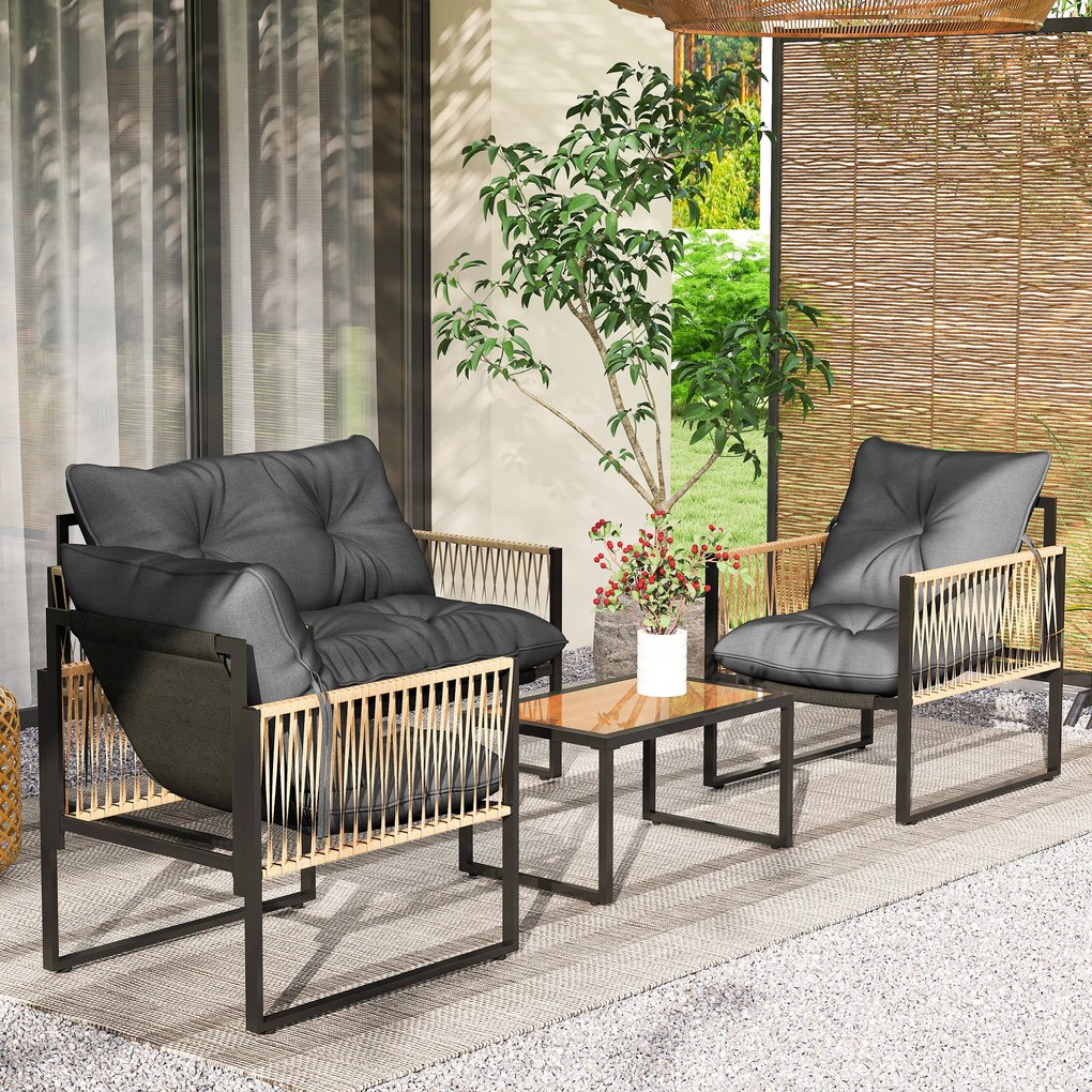 Outsunny Zestaw mebli ogrodowych, 4-elementowy, Sofa, 2 Krzesła, Stolik z blatem szklanym, Konstrukcja metalowa, Polyrattan, Antracyt
