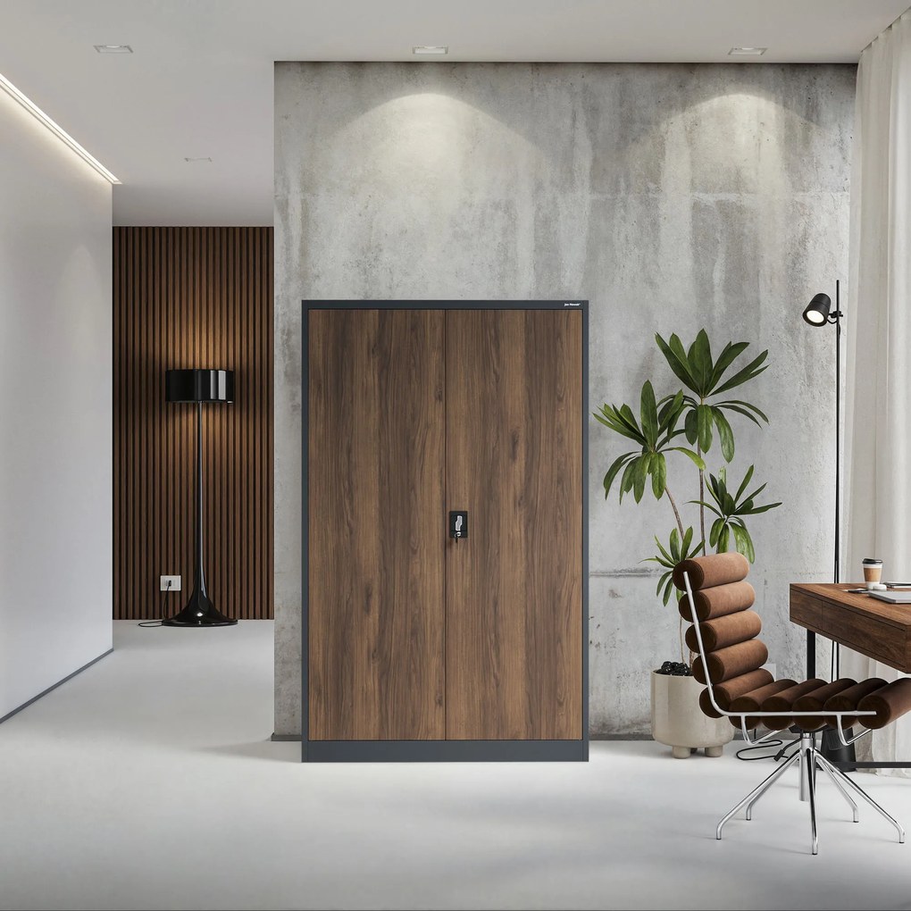 Szafa biurowa metalowa na akta, szeroka, antracyt/orzech, 1150x1850x400 mm: JAN II Eco Design