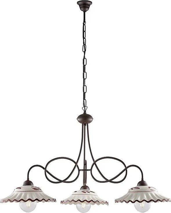 Żyrandol Bistrot z czarnego lakierowanego żelaza, dekor imitujący rdzę, ceramiczne dyfuzory Ø30 cm, ręcznie zdobione białe i brązowe, 3 światła