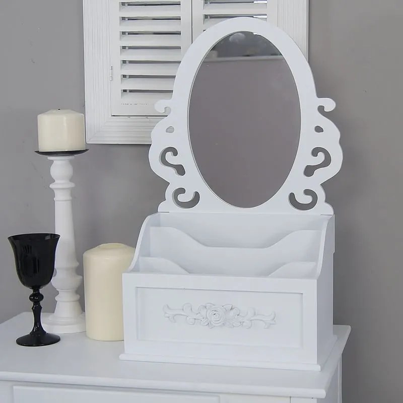 Stylowa toaletka z serii Romantic, przegrody, lustro, matowa biel.