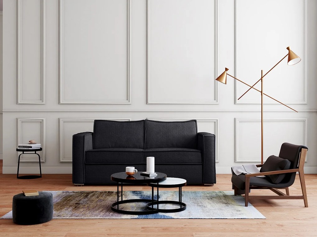 Kanapa 4-osobowa rozkładana typu ekspres z czarnego sztruksowego aksamitu  - Spanie na szerokich listwach 160 cm - Materac 18 cm LORETO