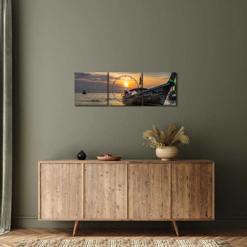 Obraz statku na brzegu (z zegarem) (90x30 cm)