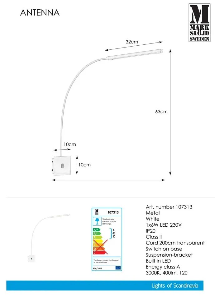 Biały kinkiet Markslöjd Antenna 1L