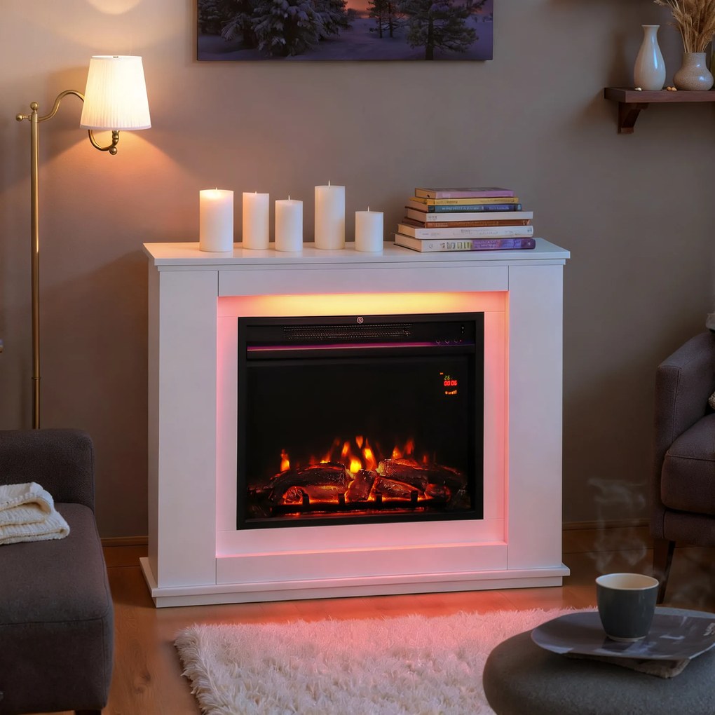 HOMCOM Kominek elektryczny, realistyczne płomienie w 12 kolorach, 5 poziomów jasności, pilot, timer, czarny