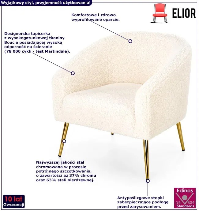 Fotel wypoczynkowy boucle kremowy + złoty A1-T38