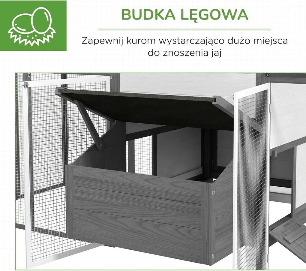PawHut Kurnik dla małych zwierząt 2 wybiegi zewnętrzne, 1 gniazdo, 2 rampy, dach asfaltowy, odporny na warunki atmosferyczne, Szary