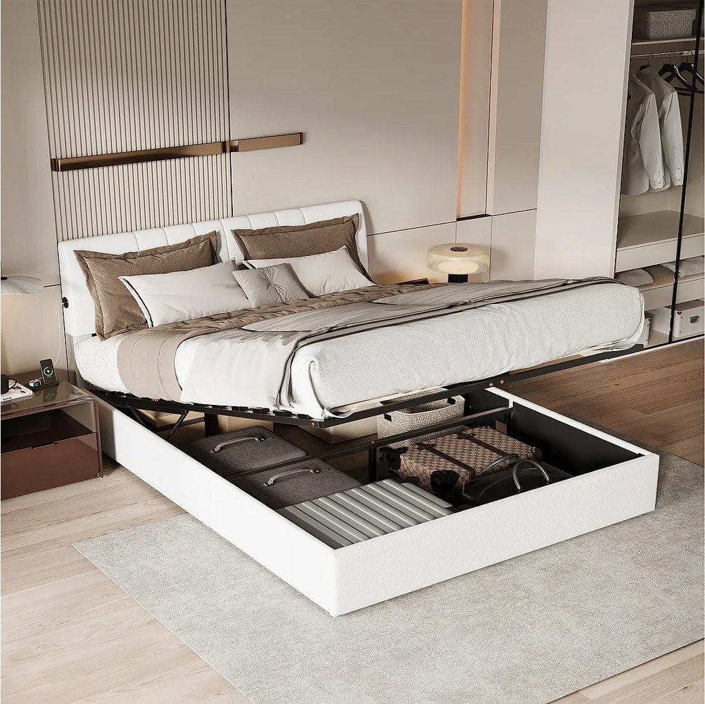 Łóżko chowane w ścianie 140x190 cm z regulowanym zagłówkiem, portami USB-C i USB, wbudowaną przestrzenią do przechowywania – tkanina w kolorze złamanej bieli
