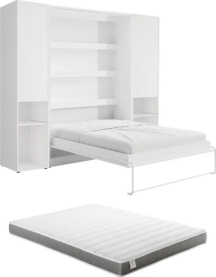 Łóżko chowane w szafie pionowe 160 x 200 cm - 2 kolumny do przechowywania - Z oświetleniem LED - Białe + Materac - RAPILI