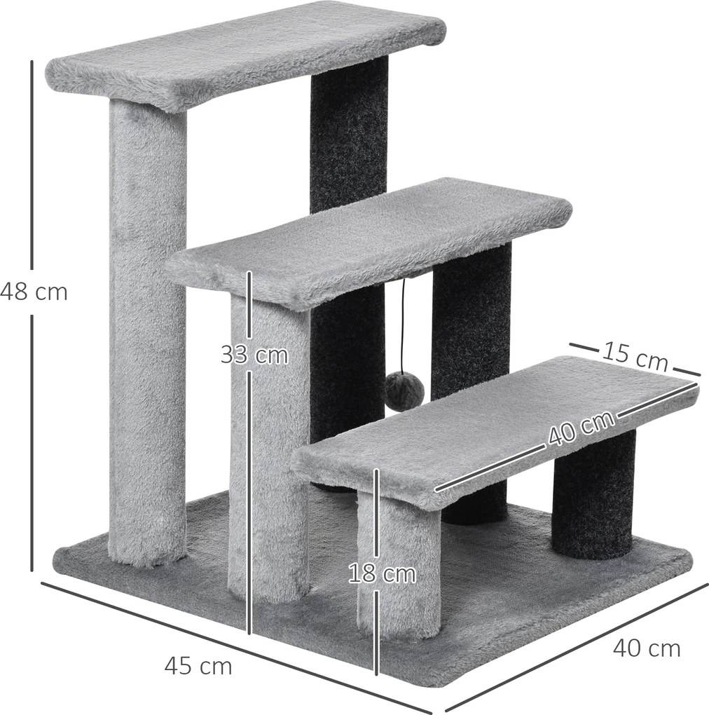 PawHut Drabinka dla Kota 3-stopniowa z Kratzami i Piłką, Drabinka dla Zwierząt dla Kotów do 5 kg Plusz Juta Szary 45 x 40 x 48 cm