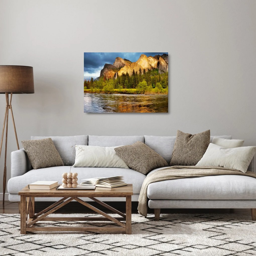 Obraz na szkle- Skały nad jeziorem (70x50 cm)