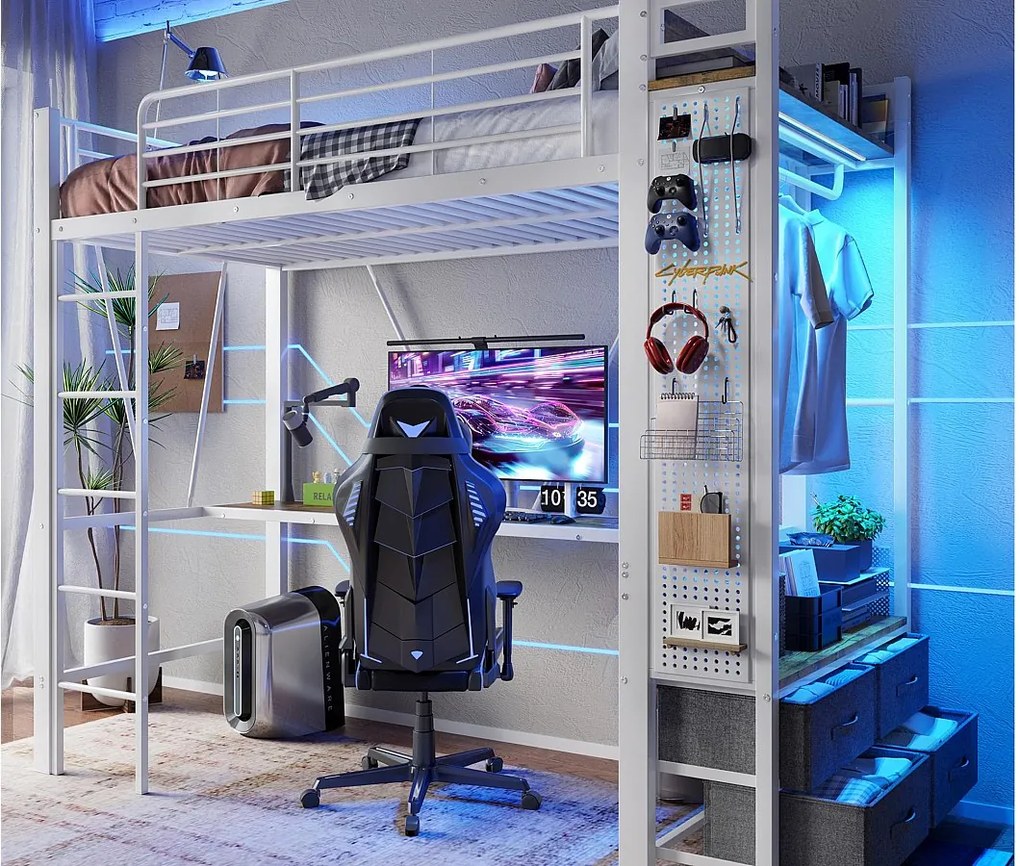 Łóżko piętrowe 90×200 cm - z biurkiem + suszarką na ubrania - 4 szuflady - porty USB + TYPE-C - taśma LED - białe