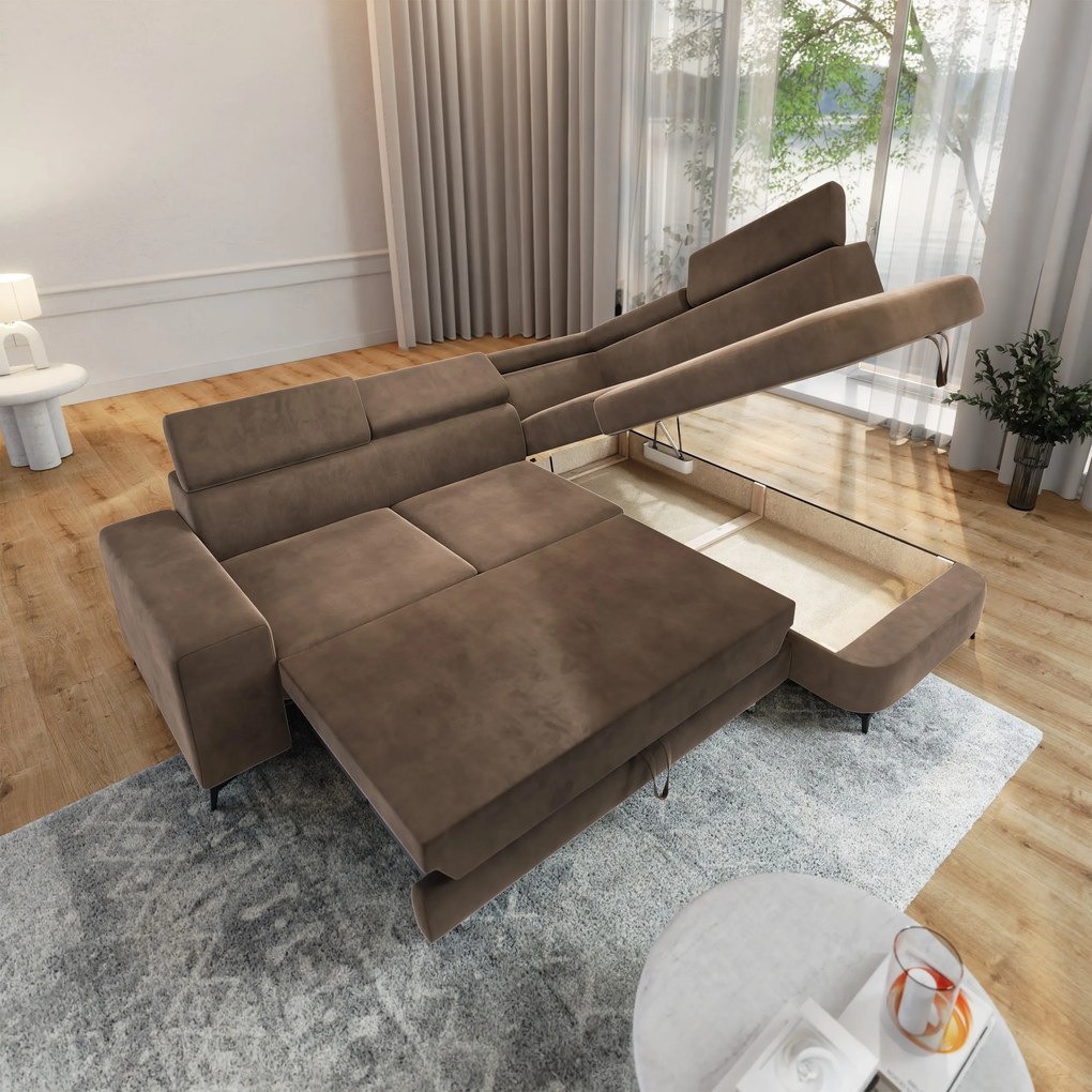 Masseno Narożnik ALVORO z funkcją spania i pojemnikiem na pościel Narozniki L, Rozkładana sofa - Beżowy, MONOLITH 09