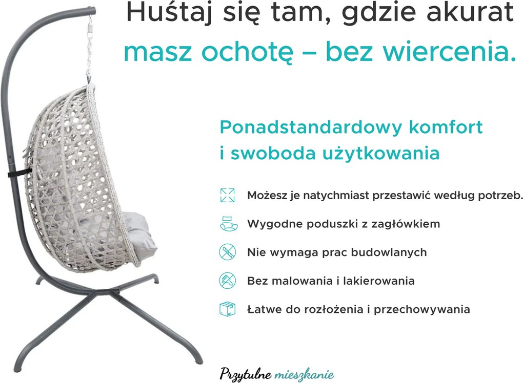 Wiszące krzesło MOLINE z czarnym stojakiem, szare