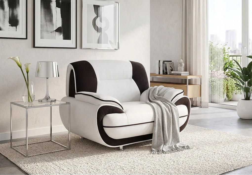 Fotel PALERMO – elegancki fotel do salonu w tkaninie KRONOS biało- czarnej